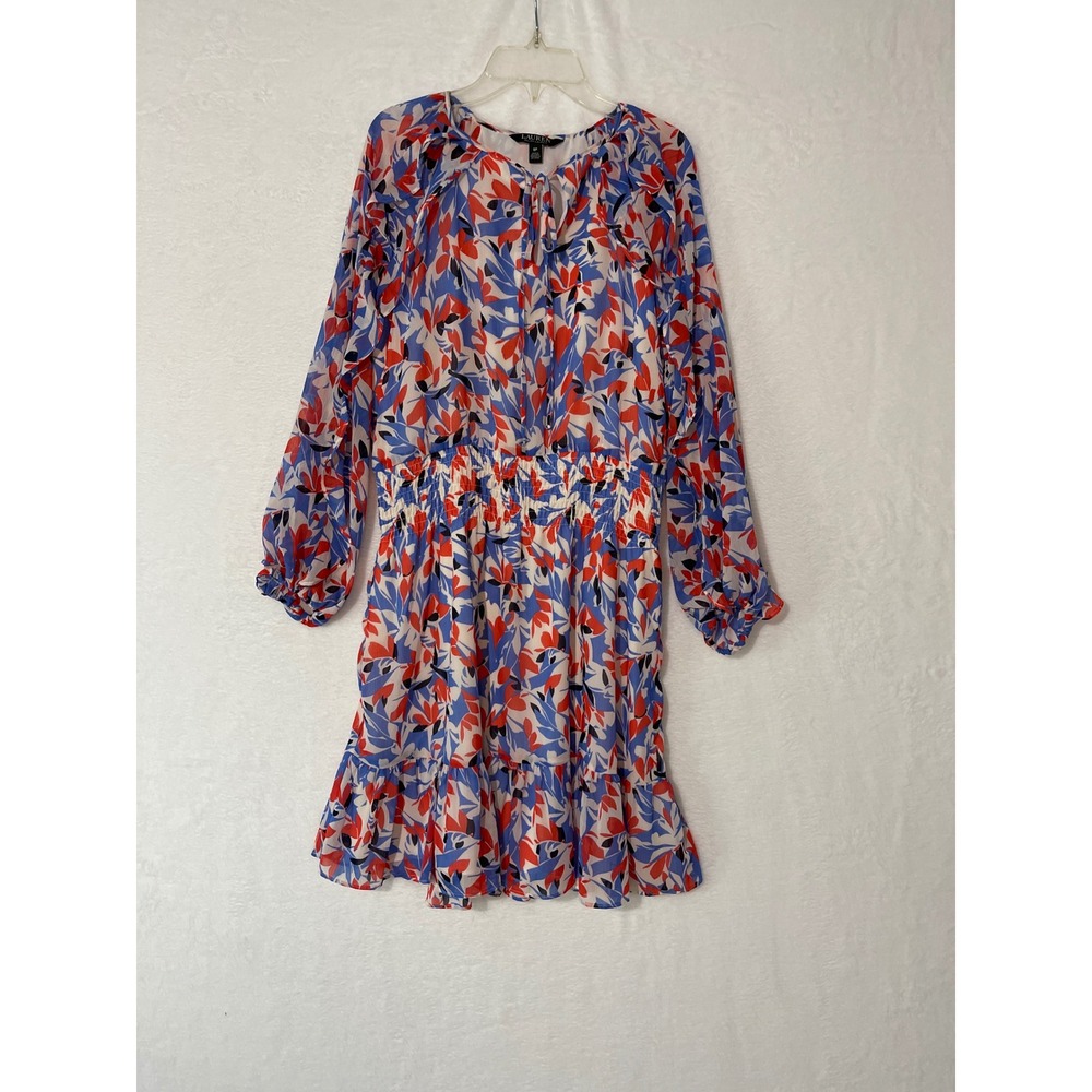 Lauren Ralph Lauren Petite Floral Smocked Waist Tiered Ruffle Dress Red Blue 8P